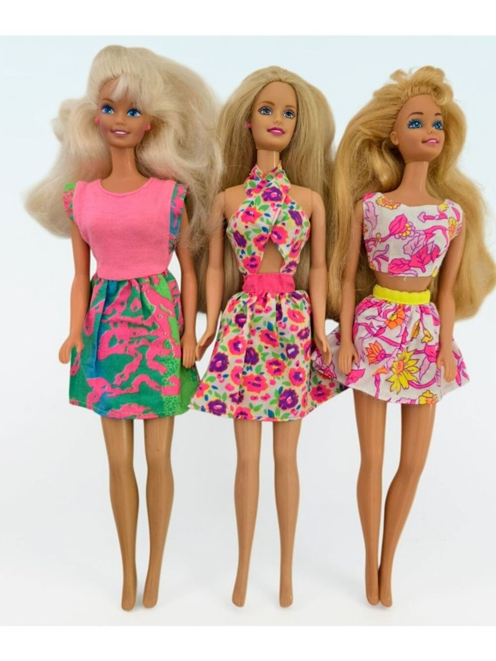 3 Vintage 90s Barbie Dolls Blonde Floral Dress Fashion Clothing Twist Turn Lot